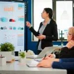 Team reviewing sales and marketing data during a presentation.