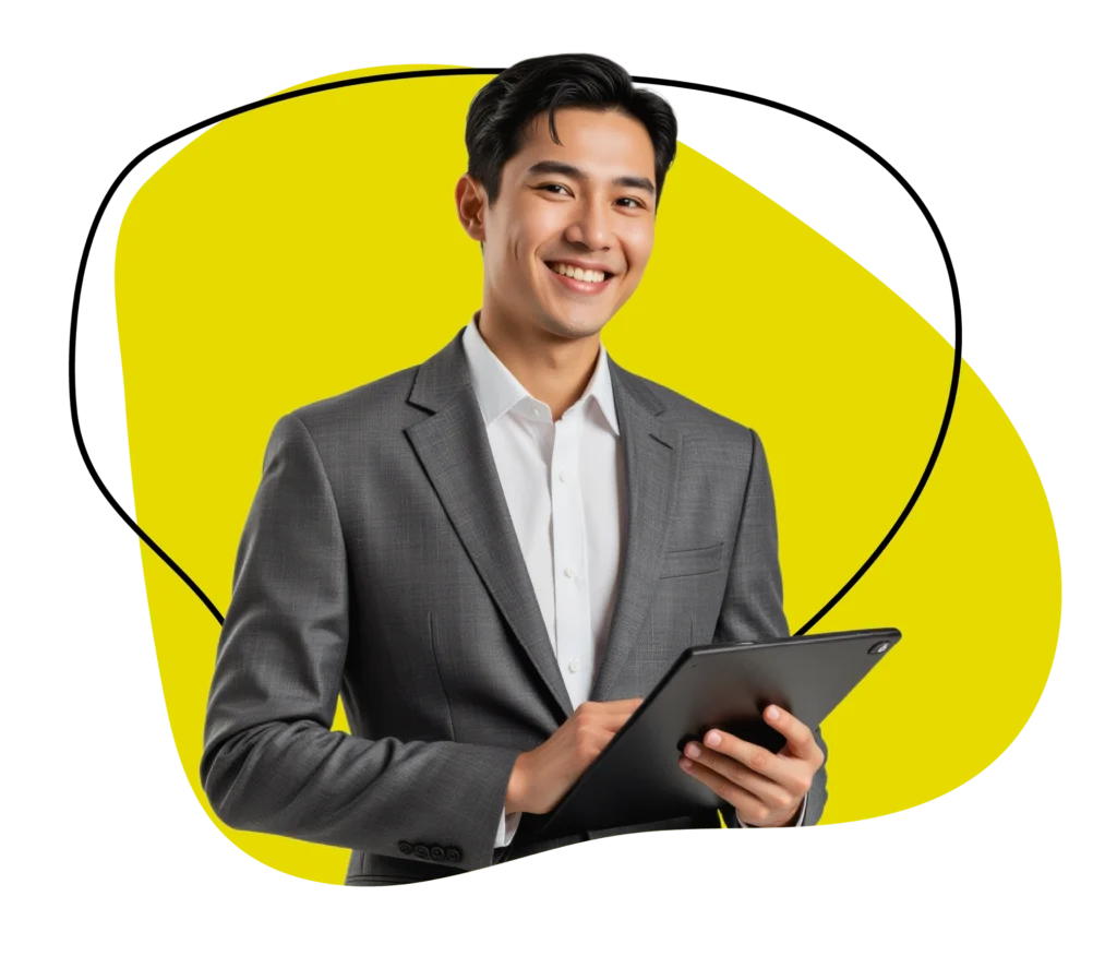 Smiling professional holding a tablet representing Culver Careers' expertise in sales and marketing recruitment.