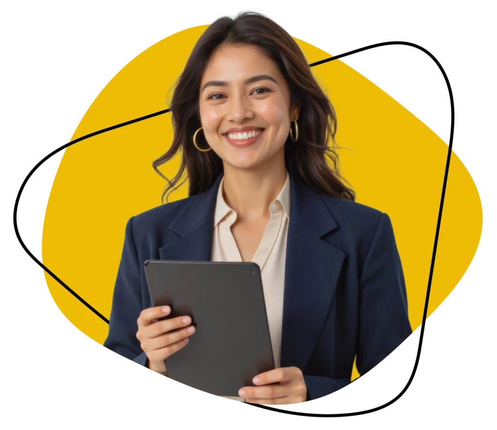 Smiling professional holding a tablet, representing successful sales and marketing recruitment.