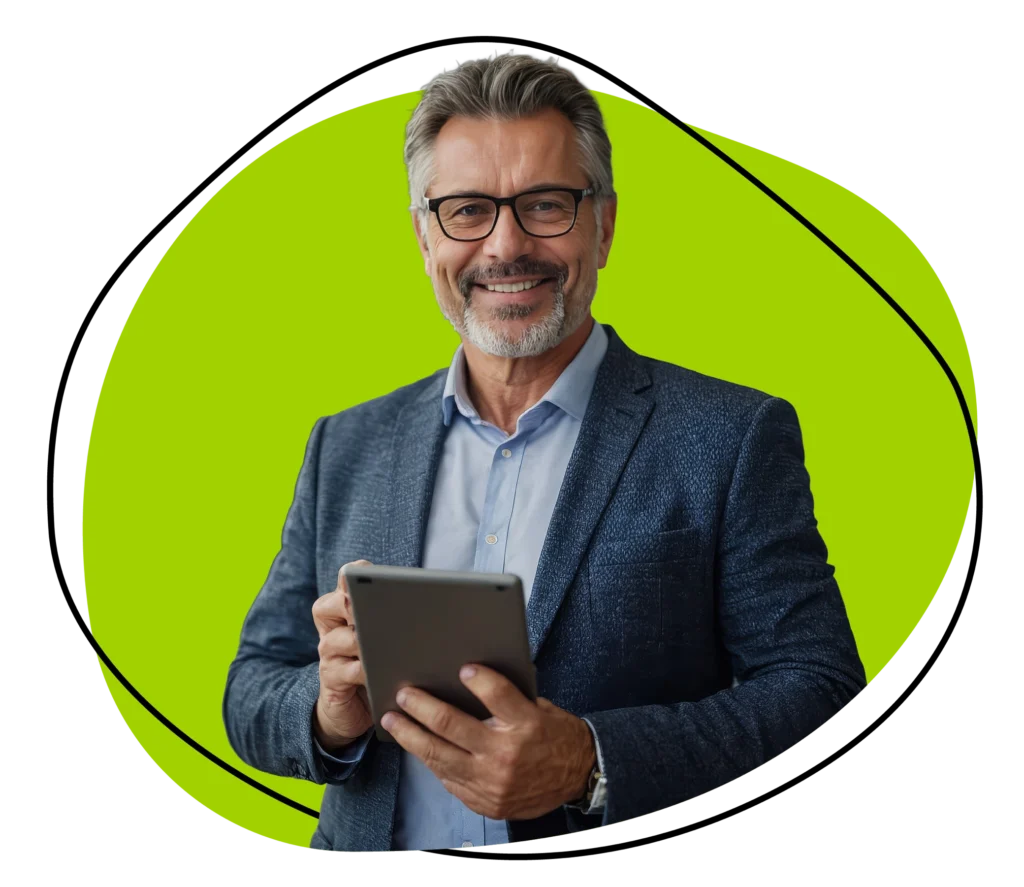 Business professional using a tablet, representing expert recruitment in sales and marketing.