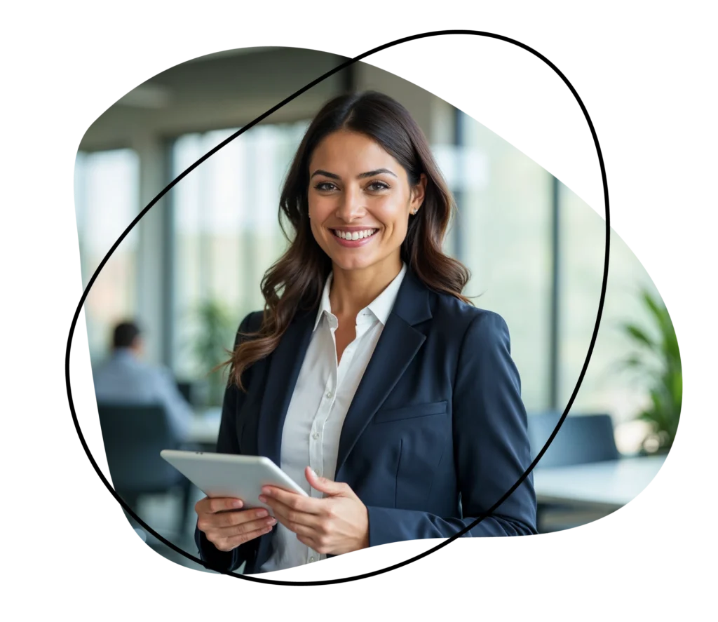 Professional woman in a business suit holding a tablet, representing sales recruitment talent.