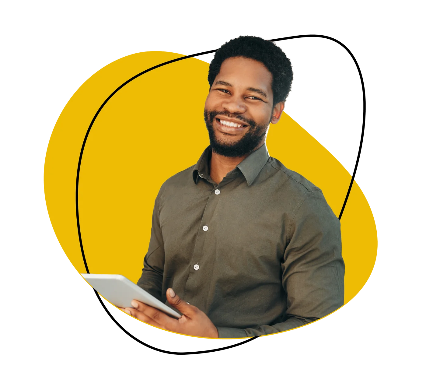 Smiling professional holding a tablet, representing recruitment expertise in sales and marketing.