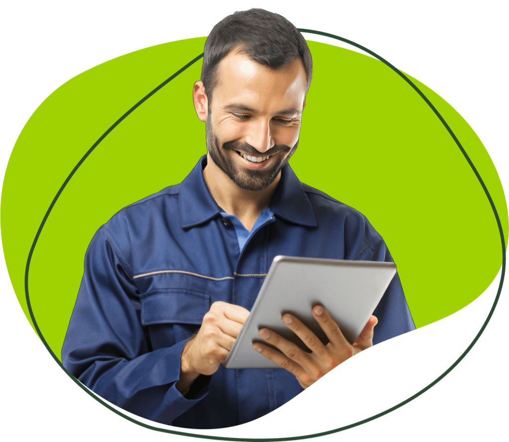 Smiling professional engaging with a tablet for sales and marketing recruitment.