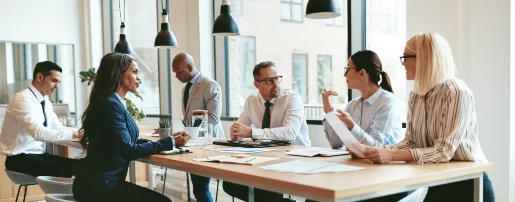 A diverse group of professionals engaged in a business meeting, symbolizing effective recruitment and team building in sales…