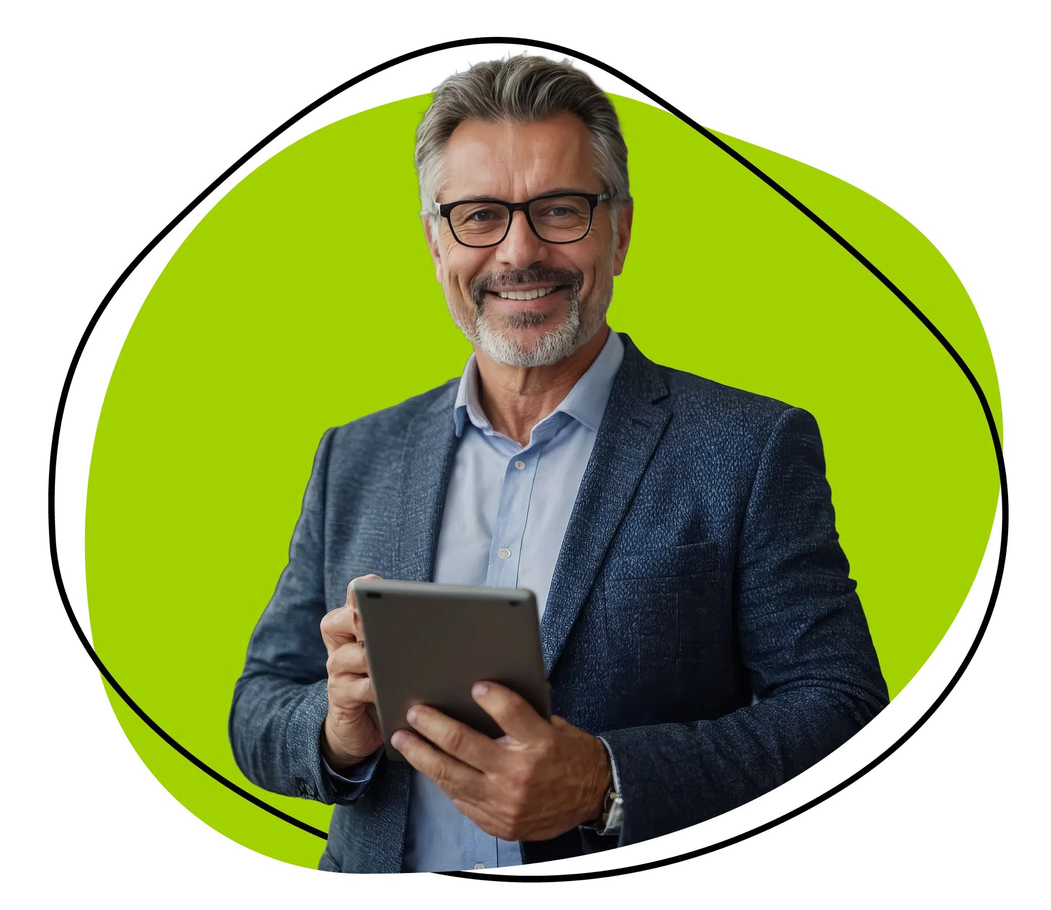 Business professional using a tablet, representing expert recruitment in sales and marketing.